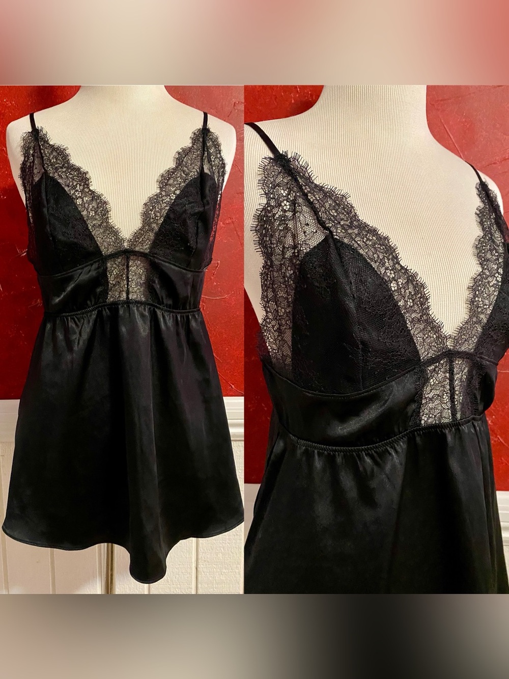 Victoria’s Secret Black Lace Trim Satin Chemise Babydoll Size Large